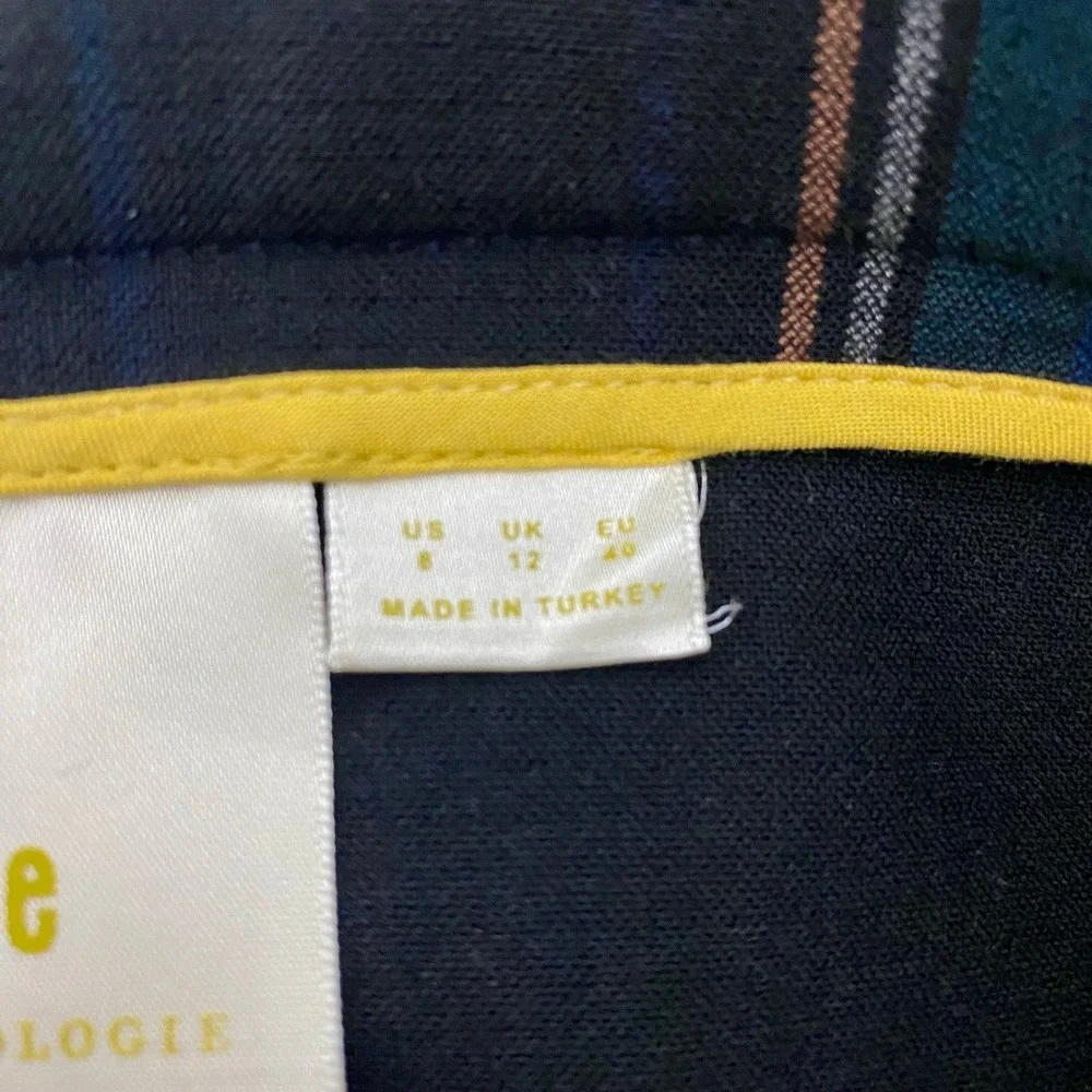 Anthropologie Maeve Plaid Belted‎ Button Front Skirt Sz 8 Blue Green Tartan Midi